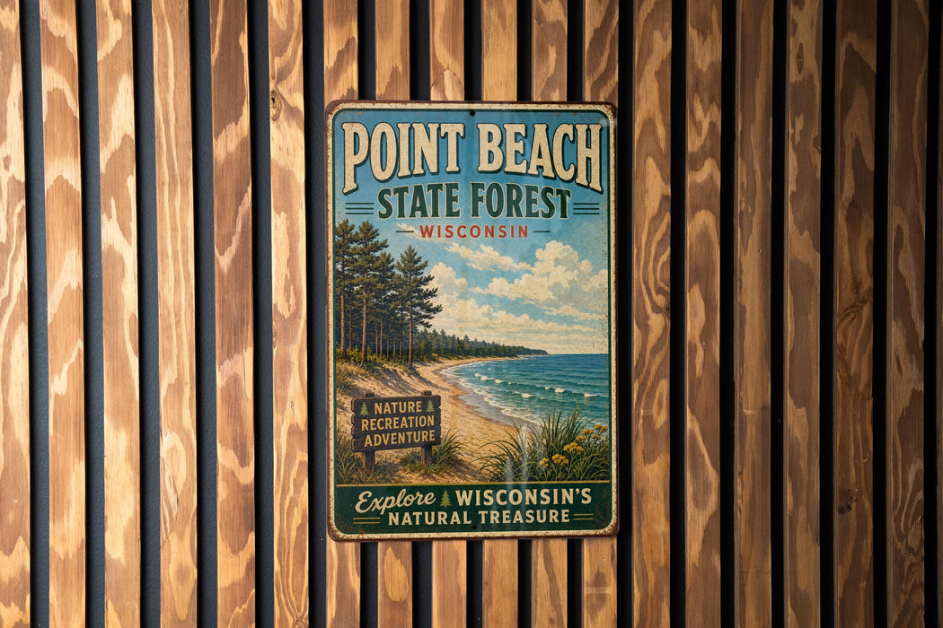 A vintage metal sign for Point Beach State Forest in Wisconsin, featuring a scenic image of a beach and pine trees.