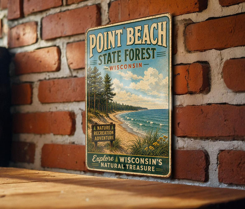 A vintage-style metal sign for Point Beach State Forest in Wisconsin, featuring a scenic image of a beach and forest landscape.