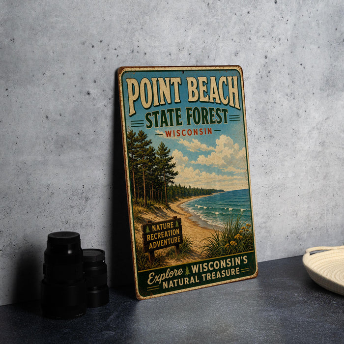 A vintage-style metal sign for Point Beach State Forest in Wisconsin, featuring a scenic beach landscape with pine trees and a lake.