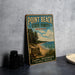 A vintage-style metal sign for Point Beach State Forest in Wisconsin, featuring a scenic beach landscape with pine trees and a lake.