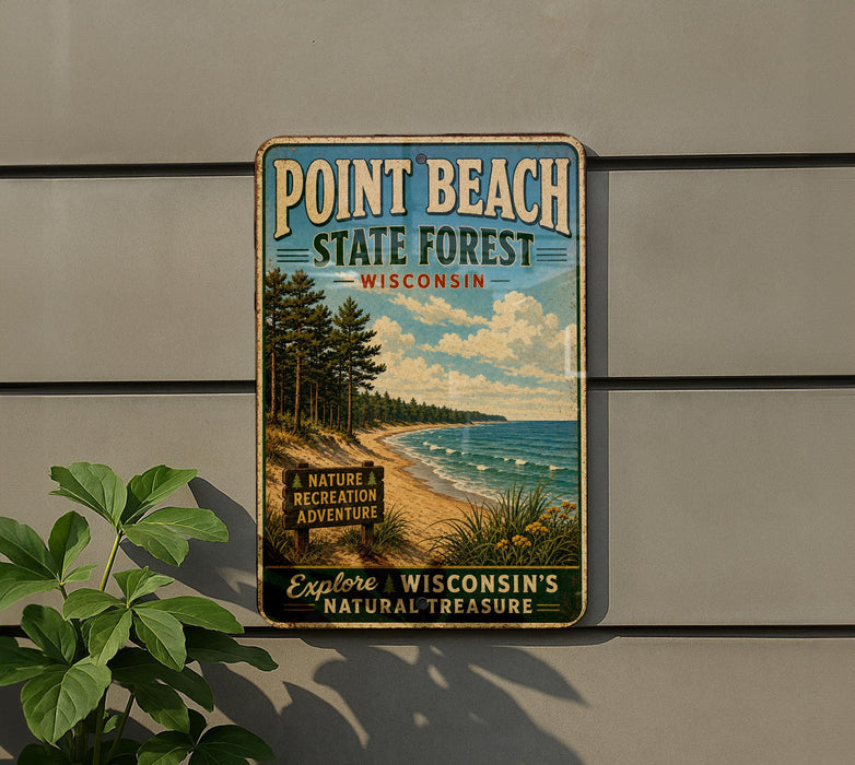 A vintage-style metal sign for Point Beach State Forest in Wisconsin, featuring a scenic landscape with a beach, pine trees, and a lake.