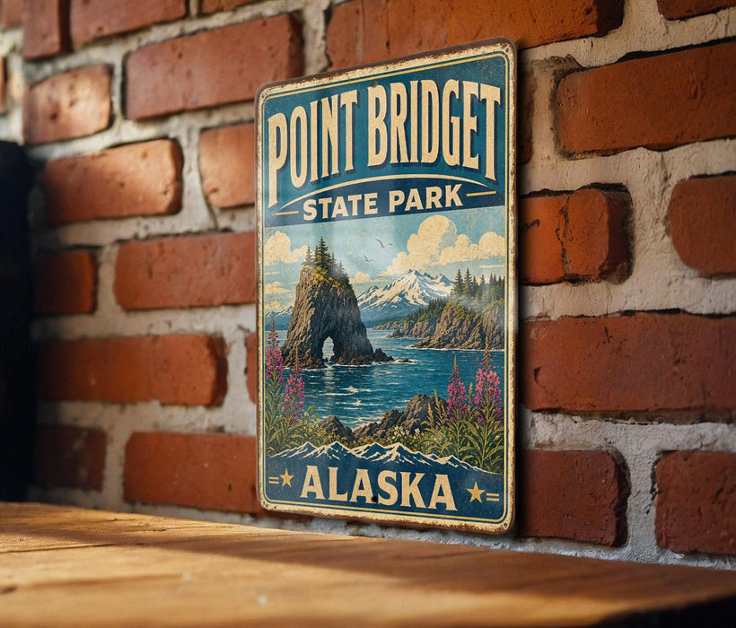 A vintage metal sign for Point Bridget State Park in Alaska, featuring a scenic landscape with mountains, a cave, and a body of water.