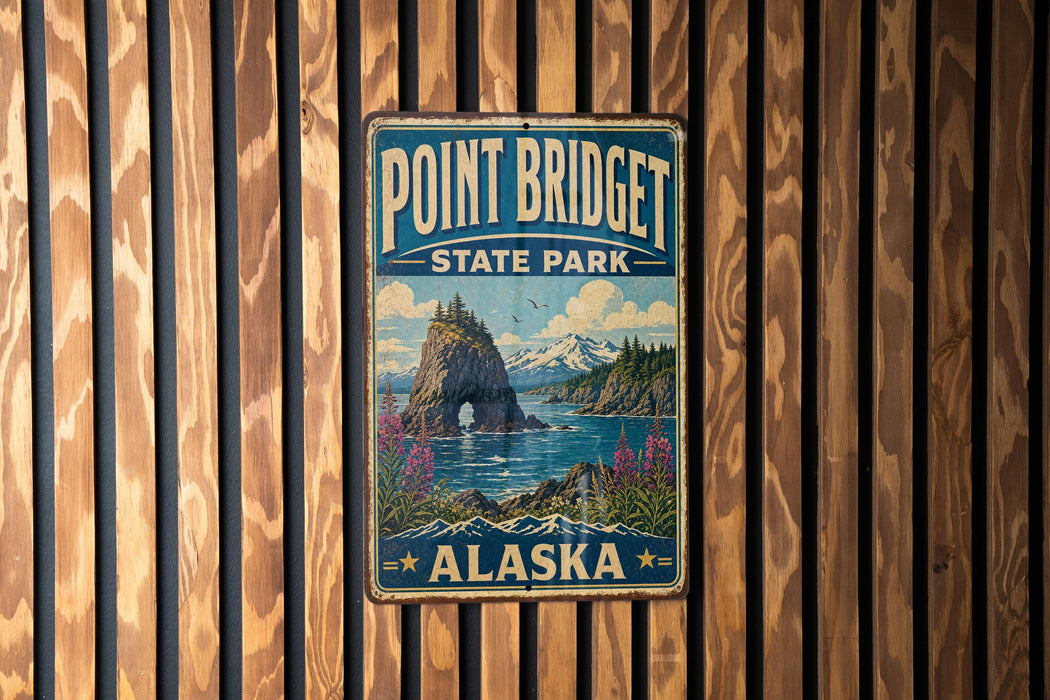 A vintage metal sign for Point Bridget State Park in Alaska, featuring a scenic landscape with mountains, a lake, and a rocky outcrop.