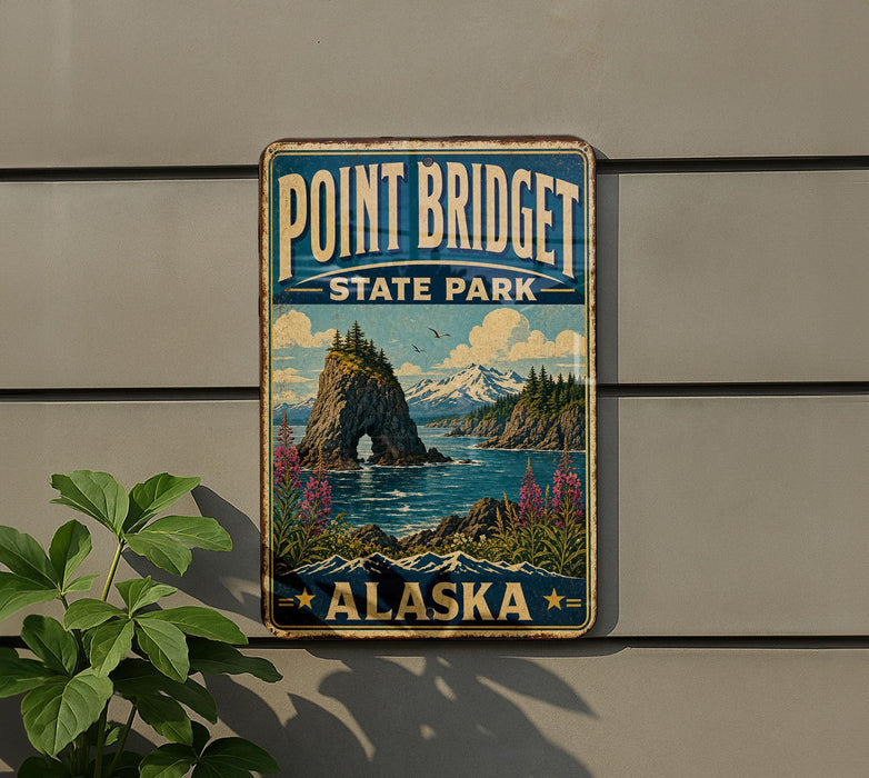 A vintage-style metal sign for Point Bridge State Park in Alaska, featuring a scenic landscape with mountains, water, and colorful flowers.