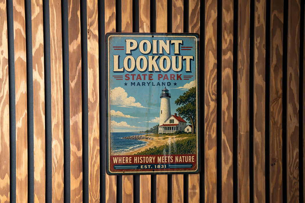 A vintage-style metal sign for Point Lookout State Park in Maryland, featuring a lighthouse and a coastal landscape.