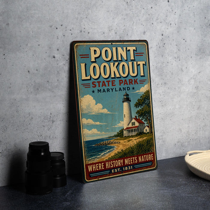 A vintage-style metal sign for Point Lookout State Park in Maryland, featuring a lighthouse and a coastal scene.