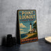 A vintage-style metal sign for Point Lookout State Park in Maryland, featuring a lighthouse and a coastal scene.