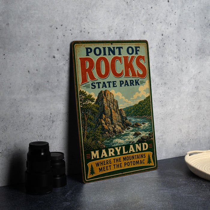 A vintage metal sign for Point of Rocks State Park in Maryland, featuring a scenic illustration of a mountain and river.