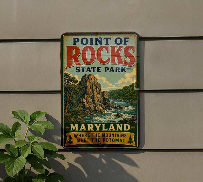 A vintage-style metal sign for Point of Rocks State Park in Maryland, featuring a scenic mountain landscape with a river and lush greenery.