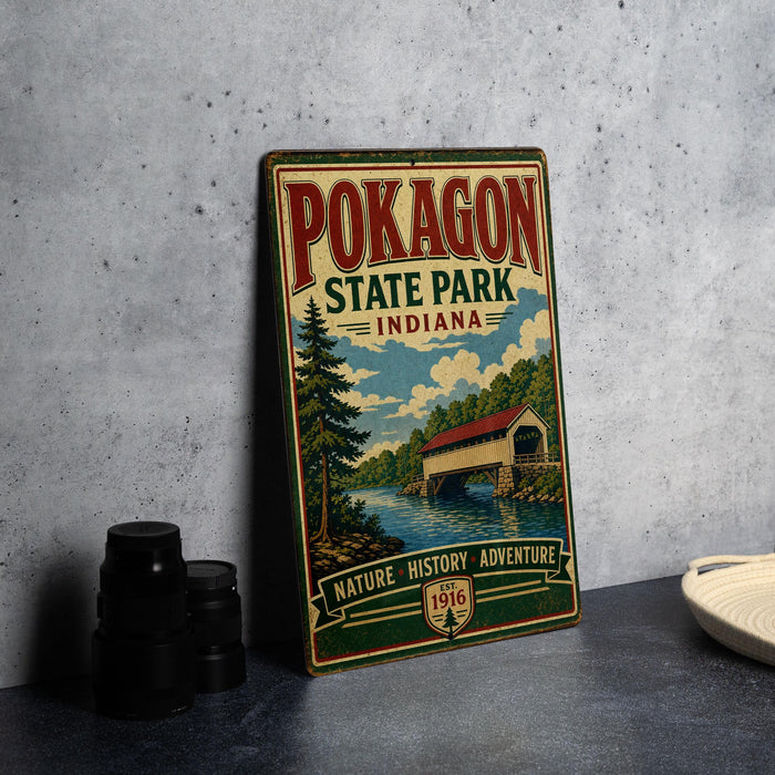 A vintage-style metal sign for Pokagon State Park, Indiana, featuring a scenic illustration of a bridge and a pine tree.