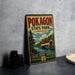A vintage-style metal sign for Pokagon State Park, Indiana, featuring a scenic illustration of a bridge and a pine tree.