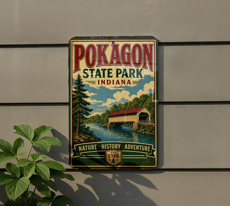 A vintage-style metal sign for POKAGON State Park, Indiana, featuring a scenic illustration of a covered bridge and a river.