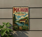 A vintage-style metal sign for POKAGON State Park, Indiana, featuring a scenic illustration of a covered bridge and a river.