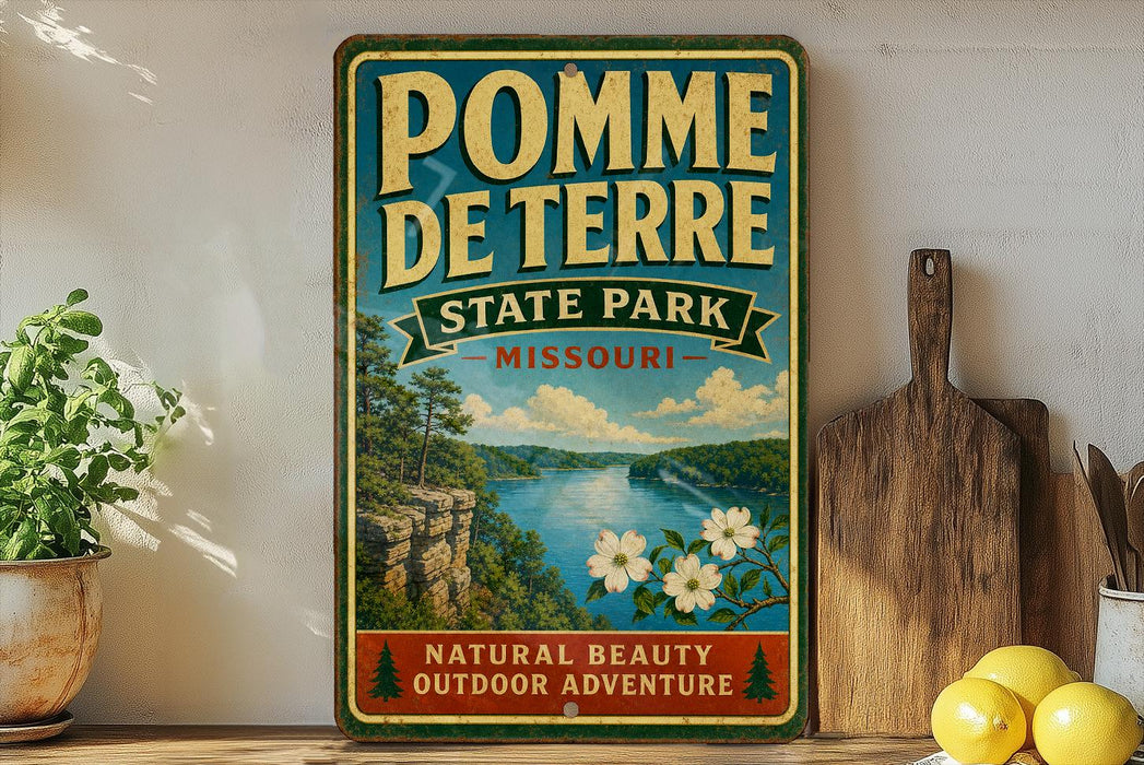 A vintage-style metal sign for Pomme Detrer State Park in Missouri, featuring a scenic landscape with a river, cliffs, and flowers.