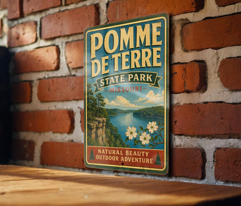 A vintage-style metal sign for Pomme Terre State Park in Missouri, featuring a scenic landscape with a lake and mountains.