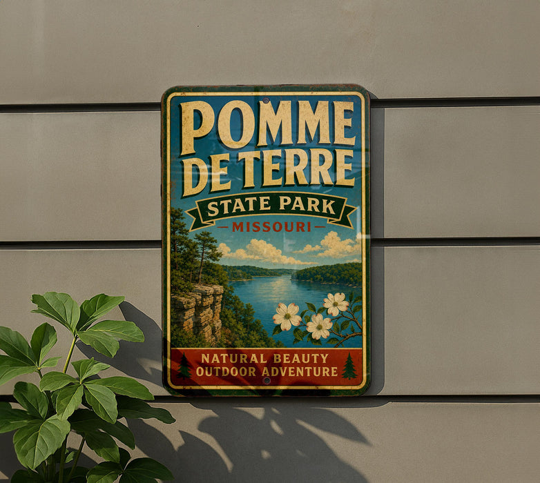 A vintage-style sign for Pomme De Terre State Park in Missouri, featuring a scenic landscape with a lake, mountains, and flowers.