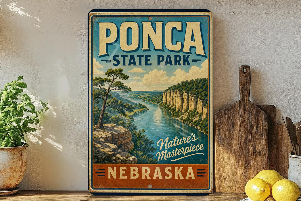 A vintage-style poster of Pona State Park in Nebraska, featuring a scenic landscape with a river and cliffs, is displayed on a wall next to a wooden cutting board and some kitchen utensils.