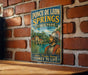 A vintage-style metal sign for Ponce de Leon Springs State Park in Florida, featuring an illustration of a man in historical attire and the text "Where Florida's History Comes to Life".