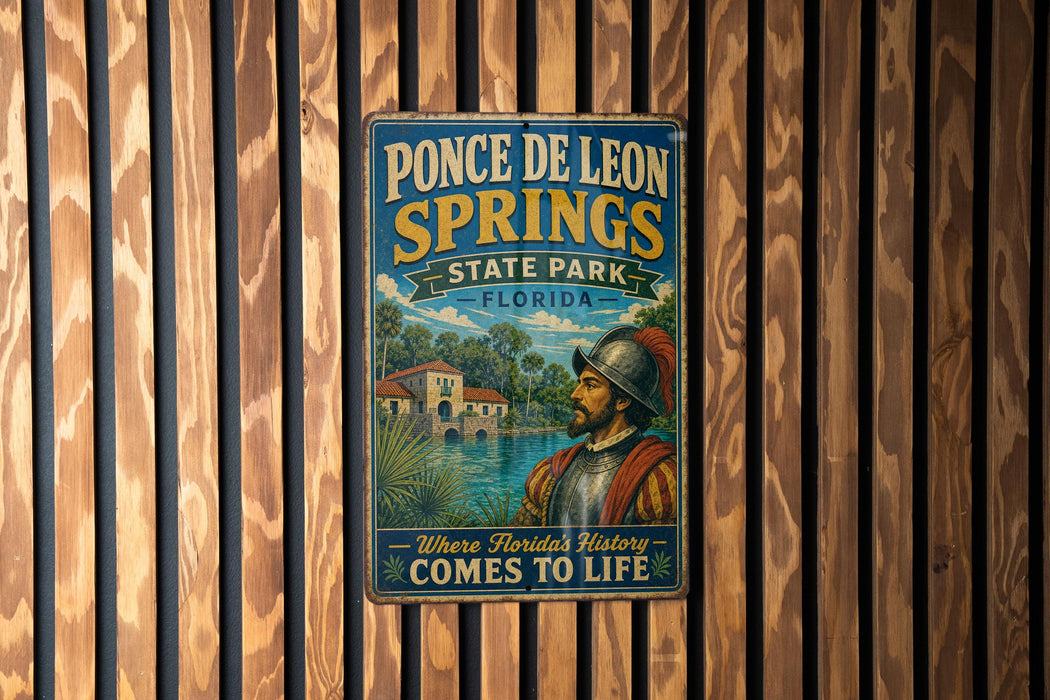A vintage-style metal sign for Ponce de Leon Springs State Park in Florida, featuring an illustration of a man in historical attire and the text "Where Florida's History Comes to Life".