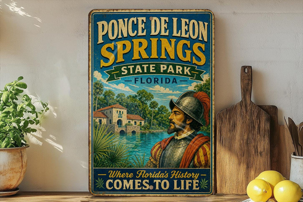 A vintage-style sign for Ponce de Leon Springs State Park in Florida, featuring a man in historical attire and a scenic illustration of the park.