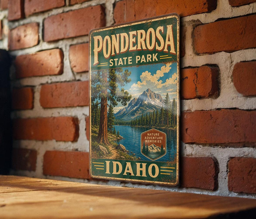 A vintage metal sign for Ponderosa State Park in Idaho, featuring a scenic mountain landscape and a lake, mounted on a brick wall.