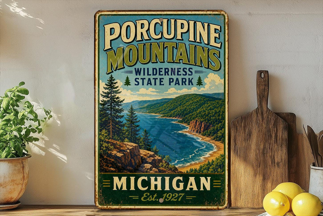 A vintage-style metal sign for Porcupine Mountains Wilderness State Park in Michigan, featuring a scenic landscape with a river, mountains, and pine trees.