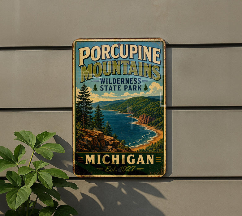 A vintage-style metal sign for Porcupine Mountains Wilderness State Park in Michigan, featuring a scenic landscape with a lake, mountains, and pine trees.