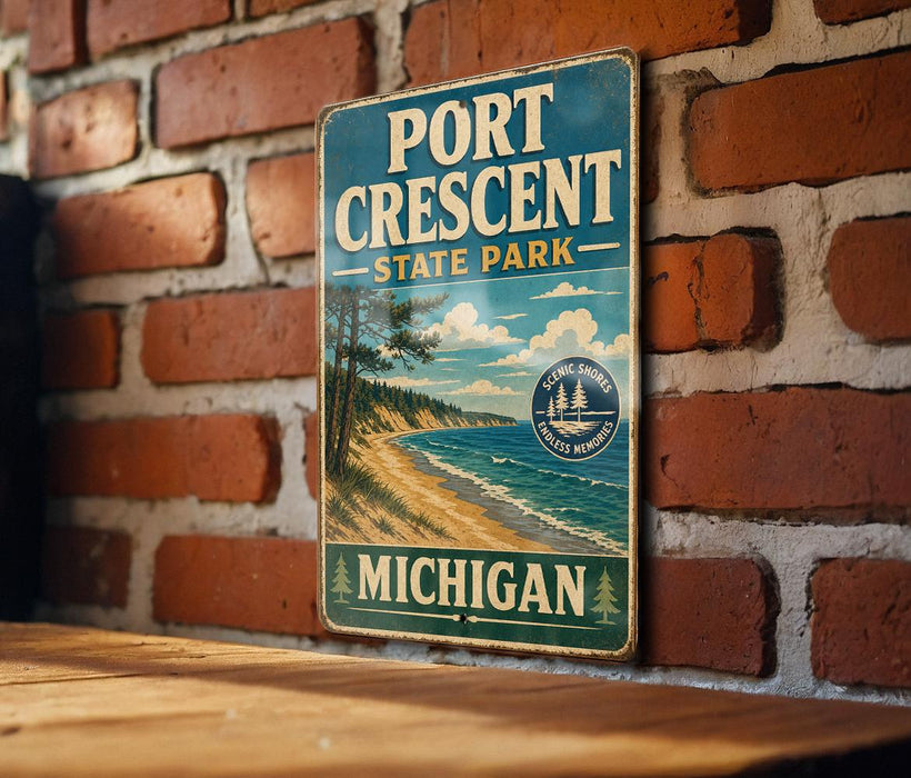 A vintage metal sign for Port Crescent State Park in Michigan, featuring a scenic landscape with a beach, mountains, and a lake.