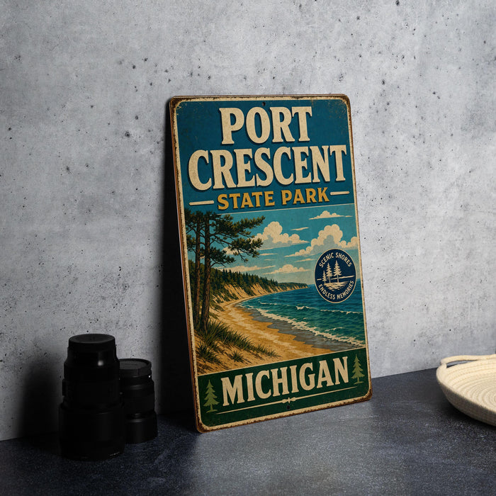 A vintage-style sign for Port Crescent State Park in Michigan, featuring a scenic beach landscape with pine trees and a lake.