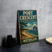 A vintage-style sign for Port Crescent State Park in Michigan, featuring a scenic beach landscape with pine trees and a lake.