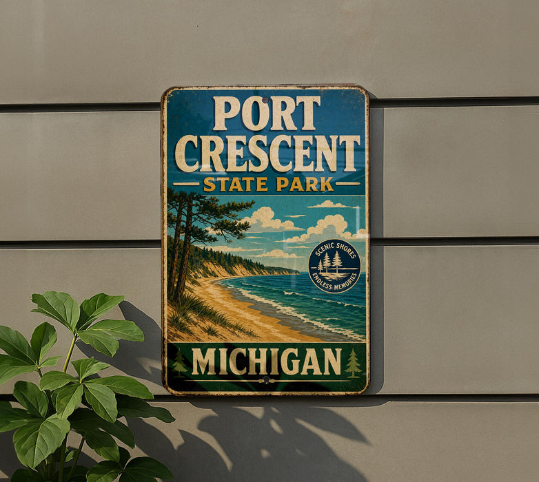 A vintage metal sign for Port Crescent State Park in Michigan, featuring a scenic landscape with a beach, pine trees, and a lake.