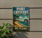 A vintage metal sign for Port Crescent State Park in Michigan, featuring a scenic landscape with a beach, pine trees, and a lake.