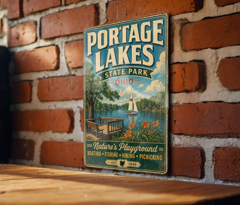 A vintage-style metal sign for Portage Lakes State Park, Ohio, featuring a scenic illustration of a lake, a sailboat, and a wooden dock.