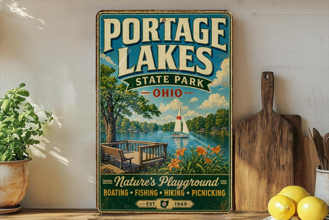 A vintage-style sign for Portage Lakes State Park in Ohio, featuring a scenic illustration of a lake, a wooden dock, and a sailboat.