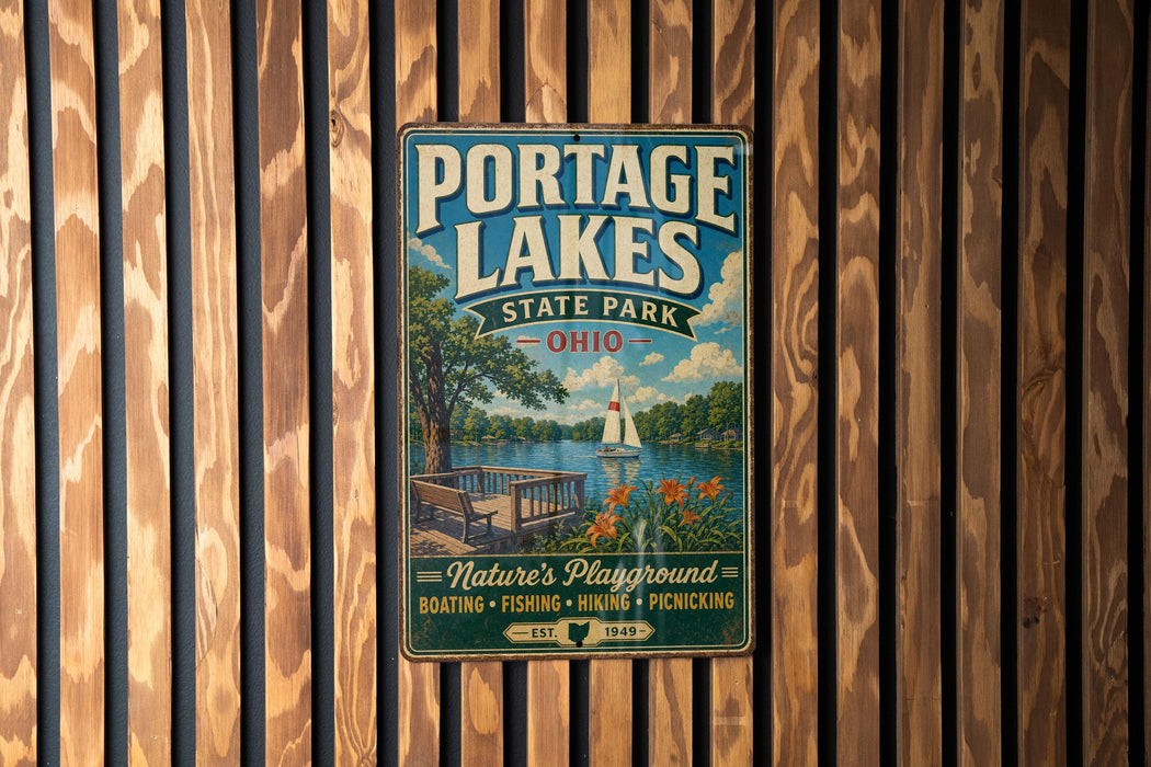 A vintage-style metal sign for Portage Lakes State Park in Ohio, featuring a scenic illustration of a lake, a dock, and a sailboat.