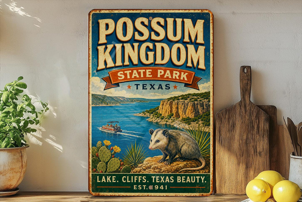 A vintage-style metal sign for POSSUM KINGDOM STATE PARK, TEXAS, featuring an illustration of a lake, cliffs, and a small boat.