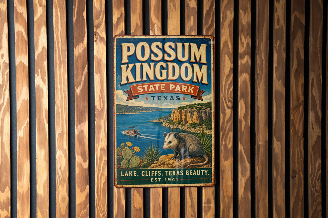 A vintage metal sign for POSSUM KINGDOM STATE PARK, TEXAS, featuring an illustration of a lake, cliffs, and wildlife.