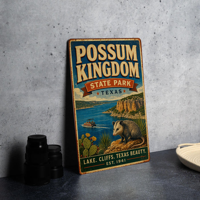 A vintage-style metal sign for Possum Kingdom State Park in Texas, featuring an illustration of a lake, cliffs, and wildlife.
