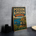A vintage-style metal sign for Possum Kingdom State Park in Texas, featuring an illustration of a lake, cliffs, and wildlife.