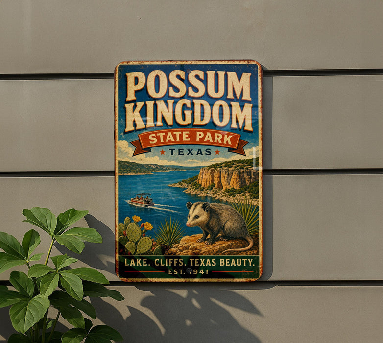 A vintage-style metal sign for Possum Kingdom State Park, Texas, featuring an illustration of a lake, cliffs, and a small opossum.