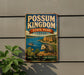 A vintage-style metal sign for Possum Kingdom State Park, Texas, featuring an illustration of a lake, cliffs, and a small opossum.