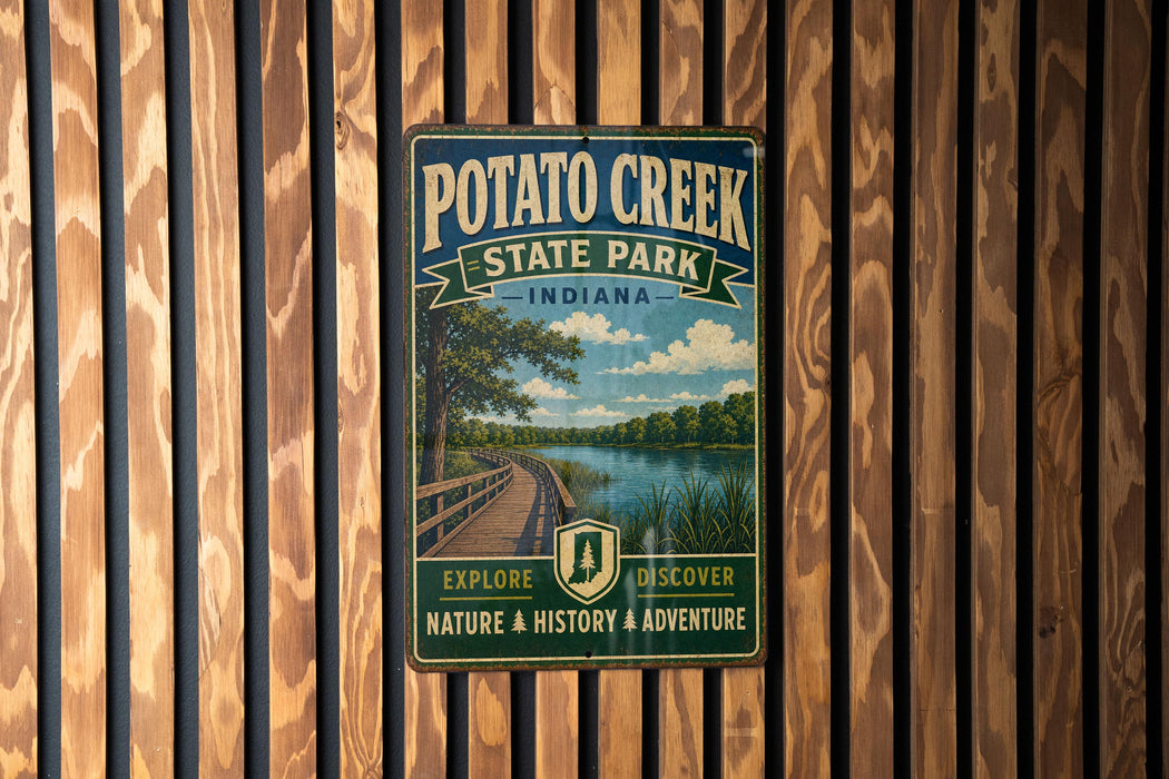 A vintage-style metal sign for Potato Creek State Park in Indiana, featuring a scenic image of a wooden boardwalk and a river.