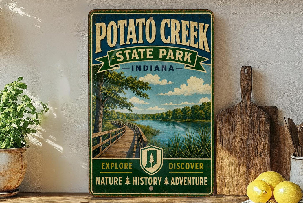 A vintage-style sign for Potato Creek State Park in Indiana, featuring a scenic image of a wooden boardwalk and a river, along with the words "Potato Creek State Park Indiana" and "Explore Nature History Adventure".