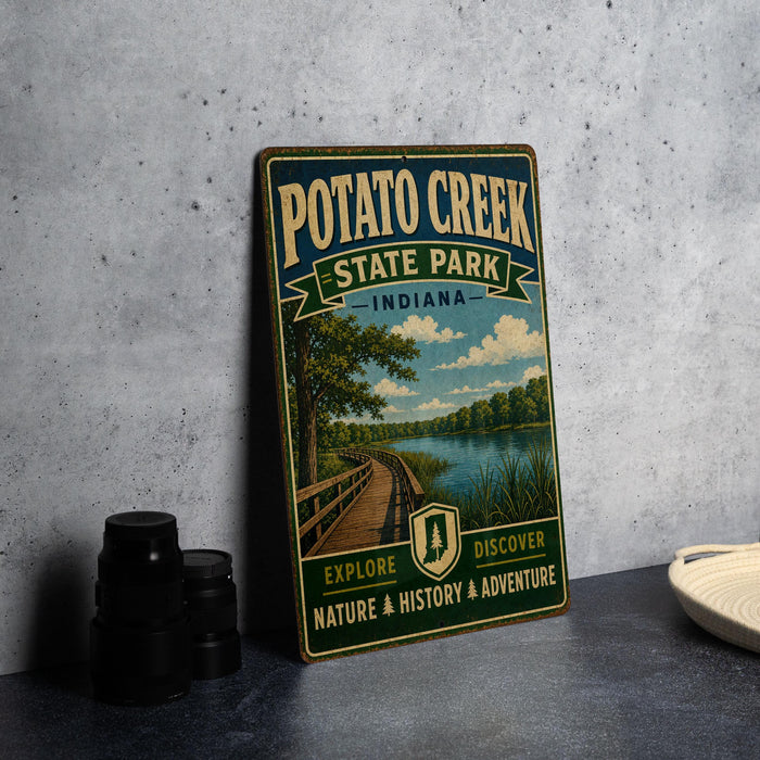 A vintage-style metal sign for Potato Creek State Park in Indiana, featuring a scenic illustration of a path leading to a lake surrounded by trees.