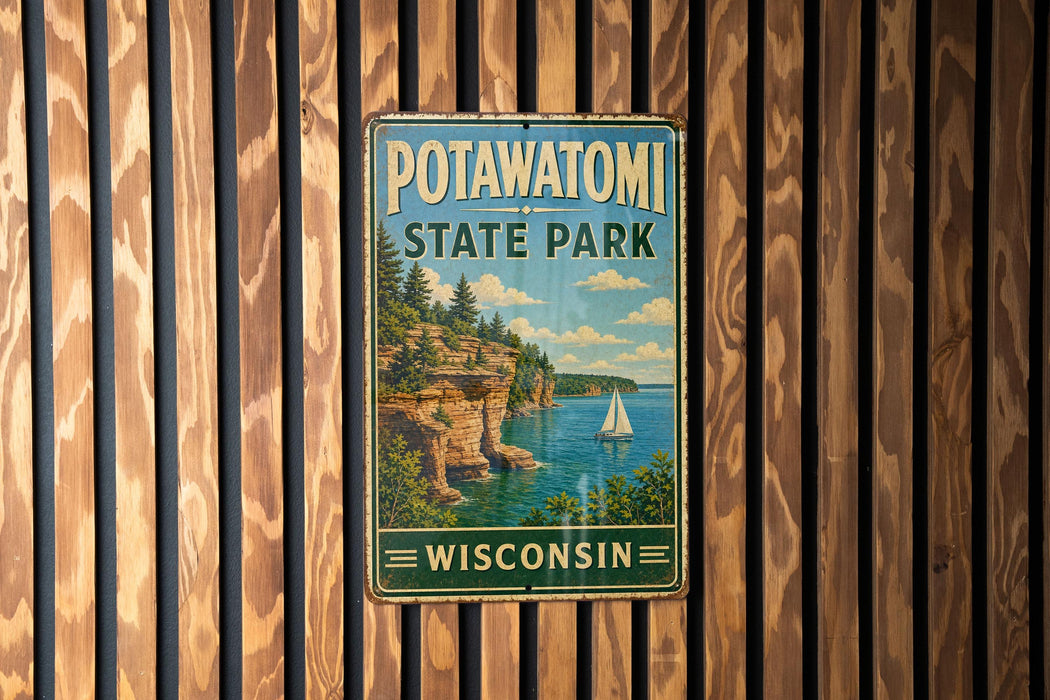 A vintage metal sign for Potawatomi State Park in Wisconsin, featuring a scenic landscape with a sailboat on the water.