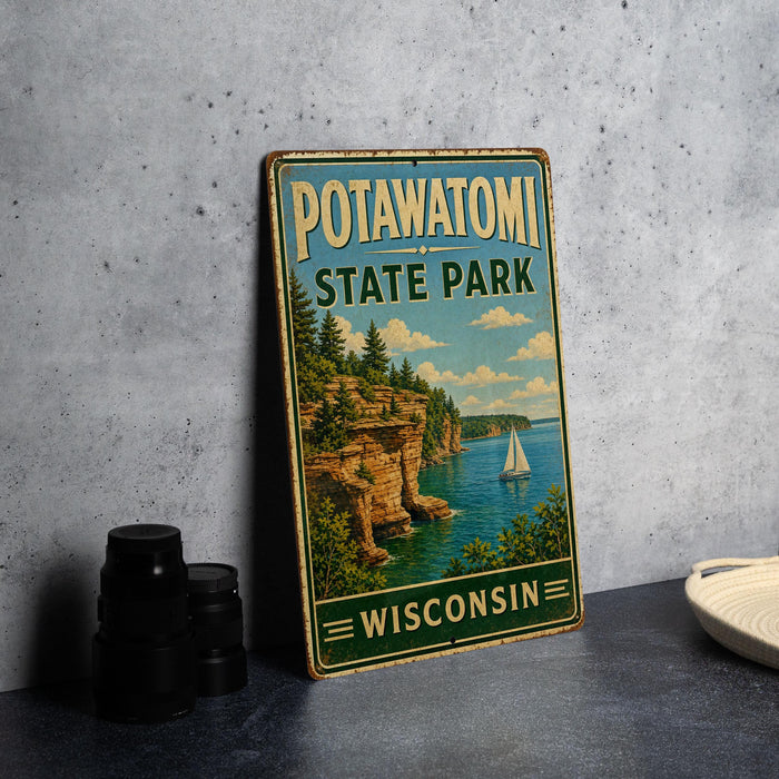 A vintage-style metal sign for Potawatomi State Park in Wisconsin, featuring a scenic landscape with a sailboat on the water.