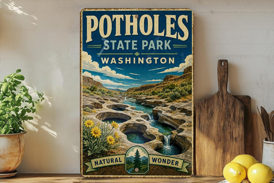 A vintage-style poster of Potholes State Park in Washington, featuring a scenic landscape with a waterfall and natural surroundings.