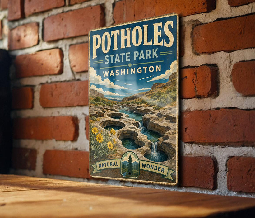 A vintage-style metal sign for Potholes State Park in Washington, featuring a scenic landscape with a river, mountains, and a waterfall.