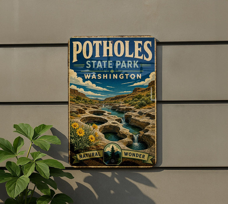 A vintage-style sign for Potholes State Park in Washington, featuring a scenic landscape with a river, mountains, and a waterfall.