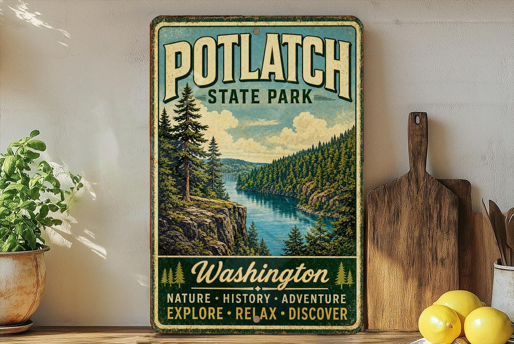 A vintage-style sign for Potlatch State Park, featuring a scenic image of a river surrounded by pine trees and mountains.